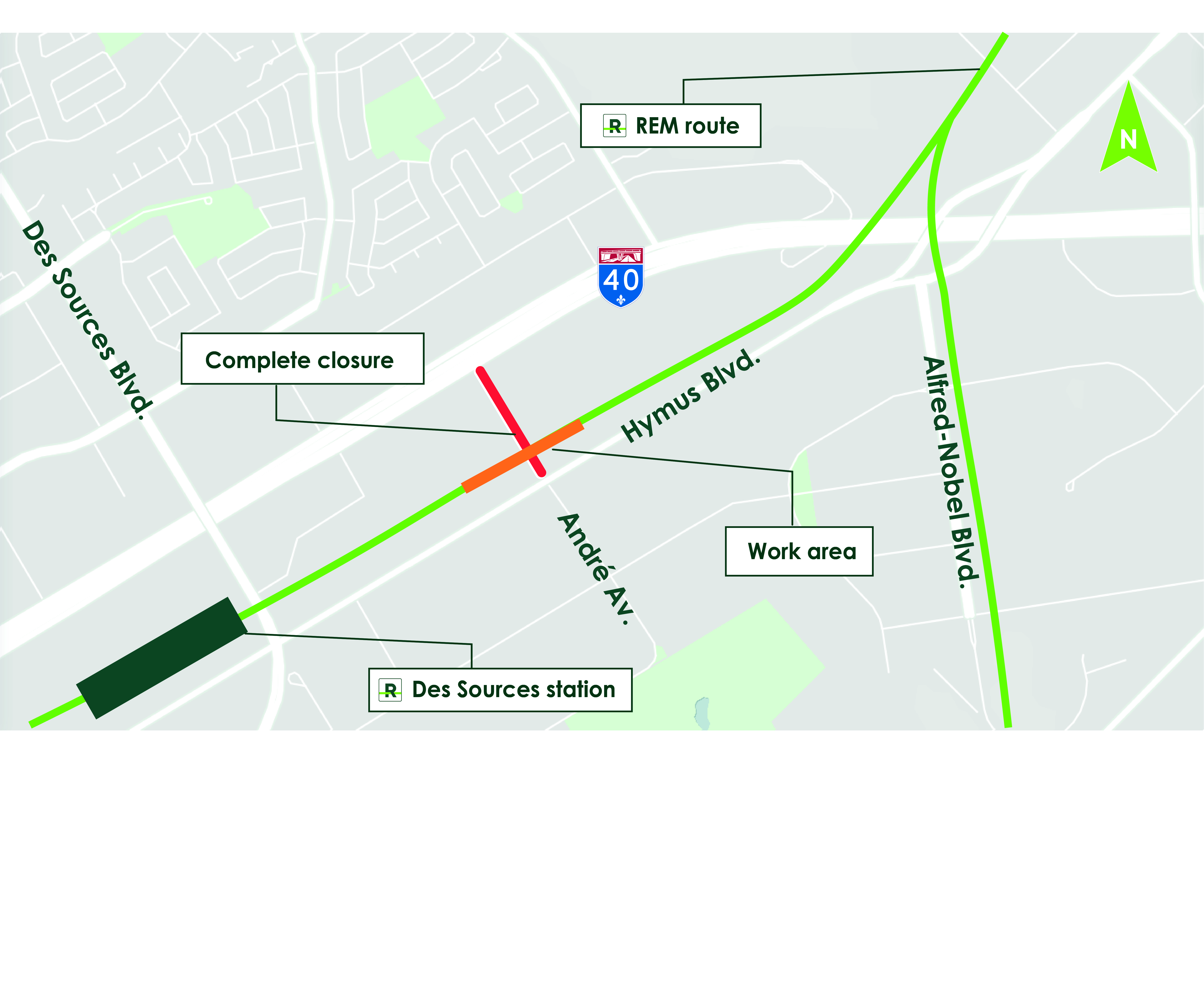 Illustration of traffic disruption on June 26 to 29 in Dorval