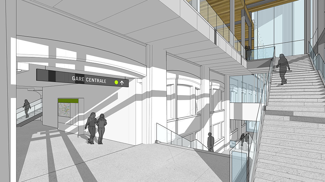 Vue de la mezzanine de la future station du REM Griffintown - Bernard-Landry