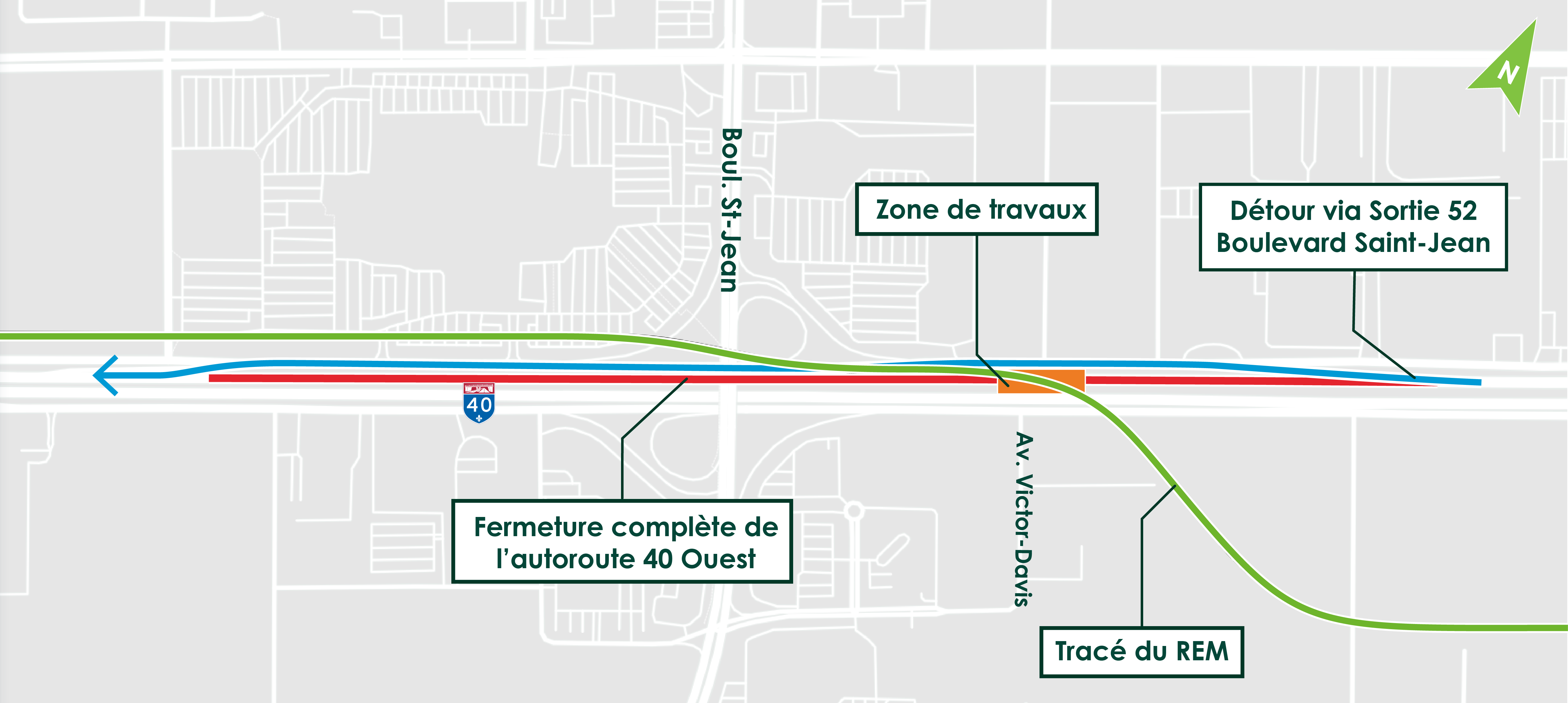 Carte qui illustre la zone des travaux ainsi que le chemin de détour lors de la fermeture de l'autoroute 40.