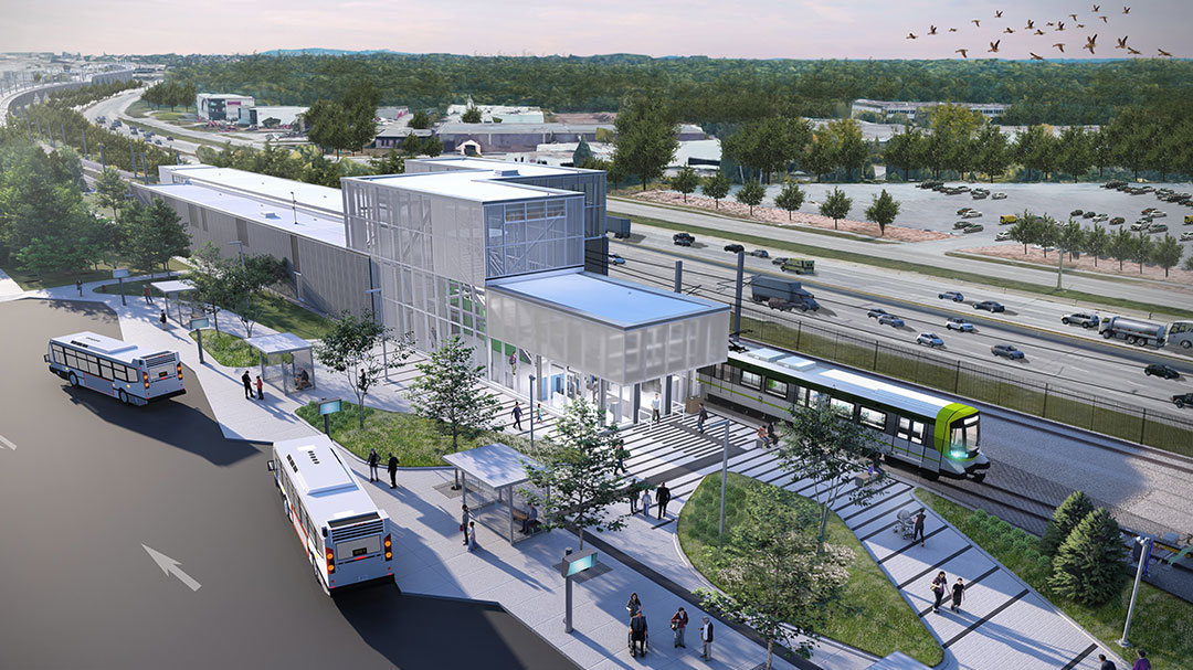 3D rendering of the REM's Anse-à-l'Orme light rail station 