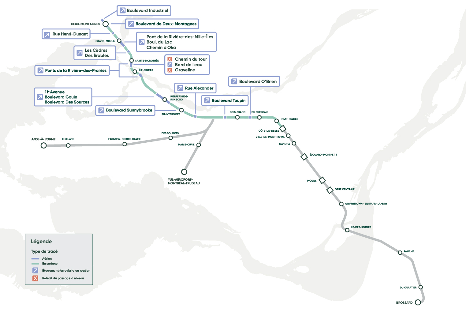 Carte des passages à niveau entre les stations Deux-Montagnes et le secteur de l'arrondissement Saint-Laurent