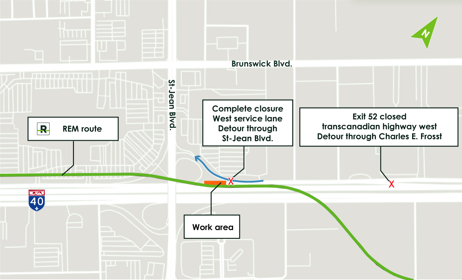 Complete closure of the West service lane, detour through Saint-Jean Boulevard. Exit 52 closed, detour through Charles E. Frosst.