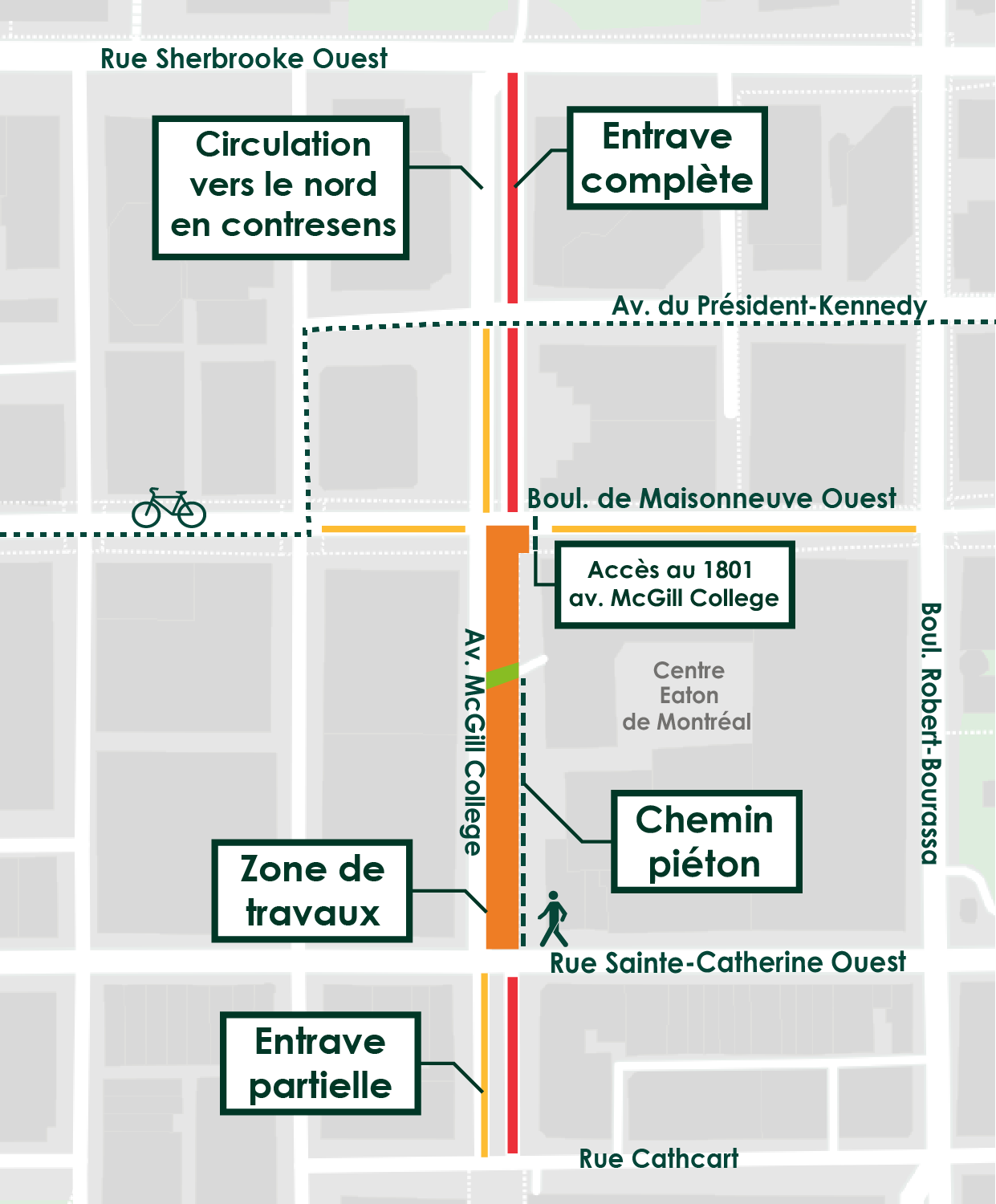 Plan des entraves mises en place sur l'avenue McGill College à partir du 22 avril. 