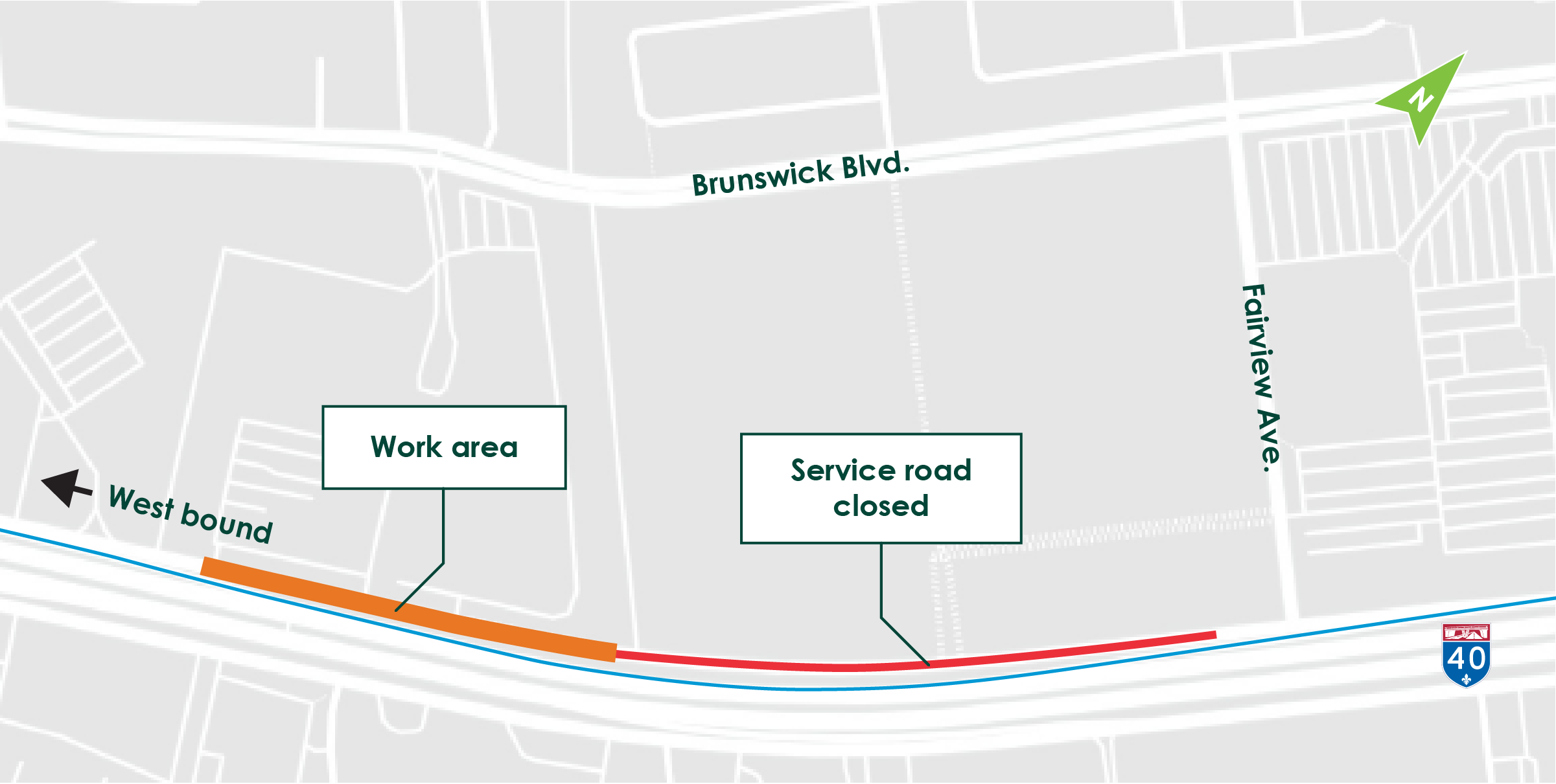 Map presenting the work area and the closed service road 