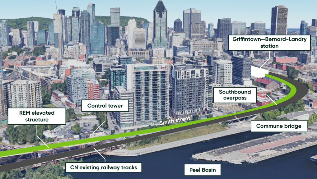 Schematic view of what the REM will look like in the Smith Street sector, from the Griffintown-Bernard-Landry Station to the elevated structure.