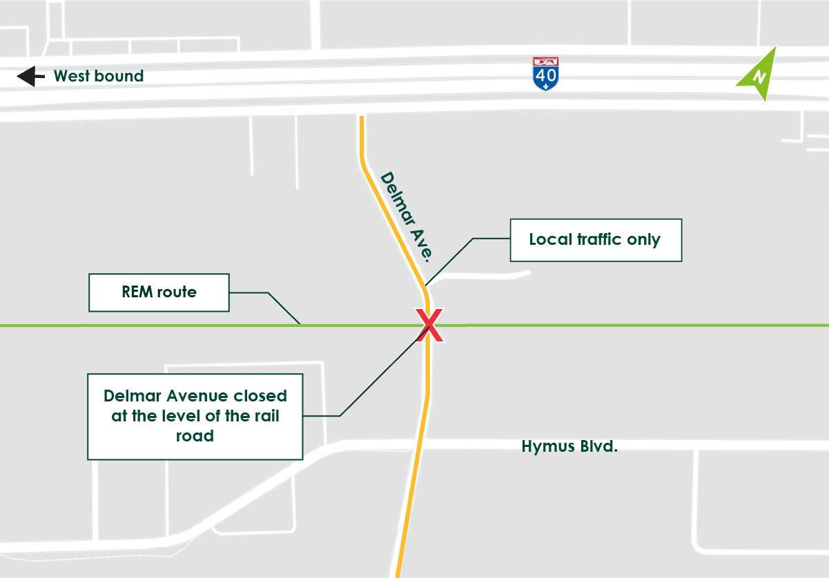 Complete closure of Delmar Avenue between the Highway 40 East service road and Hymus Boulevard