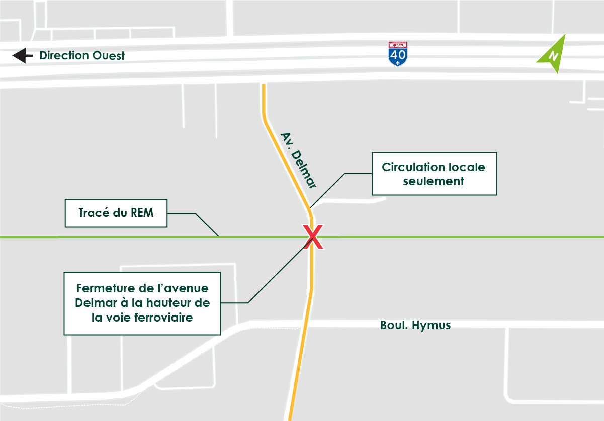 Fermeture complète de l'avenue Delmar entre la voie de desserte de l'autoroute 40 Est et le boulevard Hymus