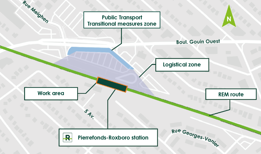 Map of the work zone surrounding the construction of the Pierrefonds-Roxboro REM station