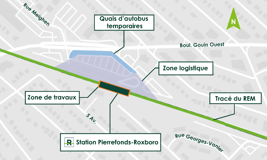 Carte de la zone de travaux entourant la construction de la station Pierrefonds-Roxboro du REM