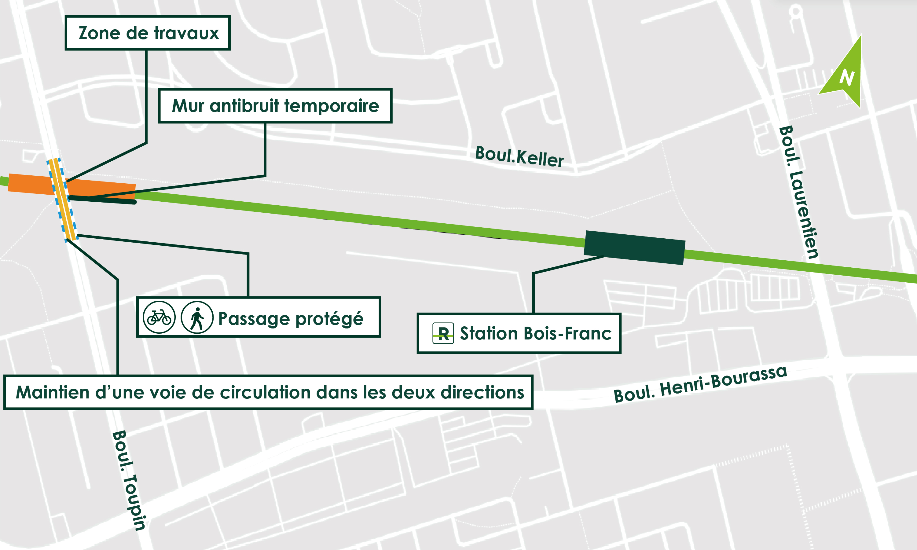 Carte de la zone de travaux entourant la construction du viaduc ferroviaire du boulevard Toupin
