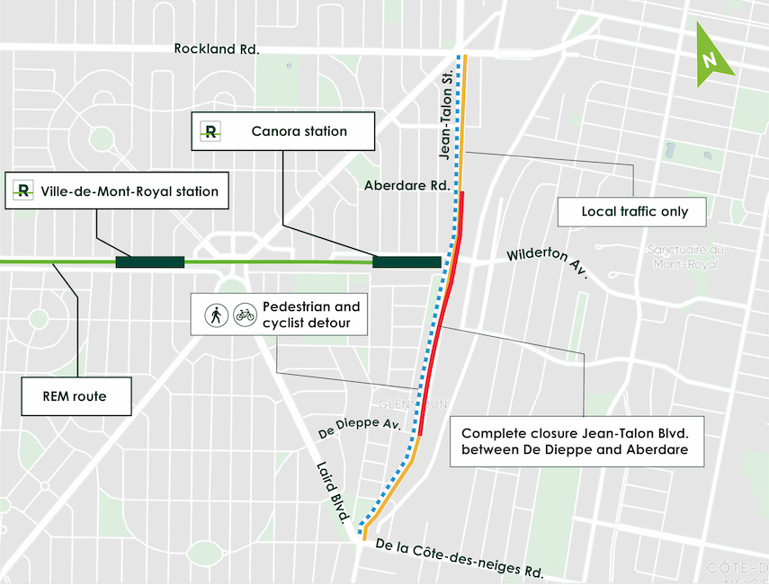 Map of the obstruction and detours related to the complete closure of Jean Talon Street West between chemin Aberdare and Dieppe Avenue.