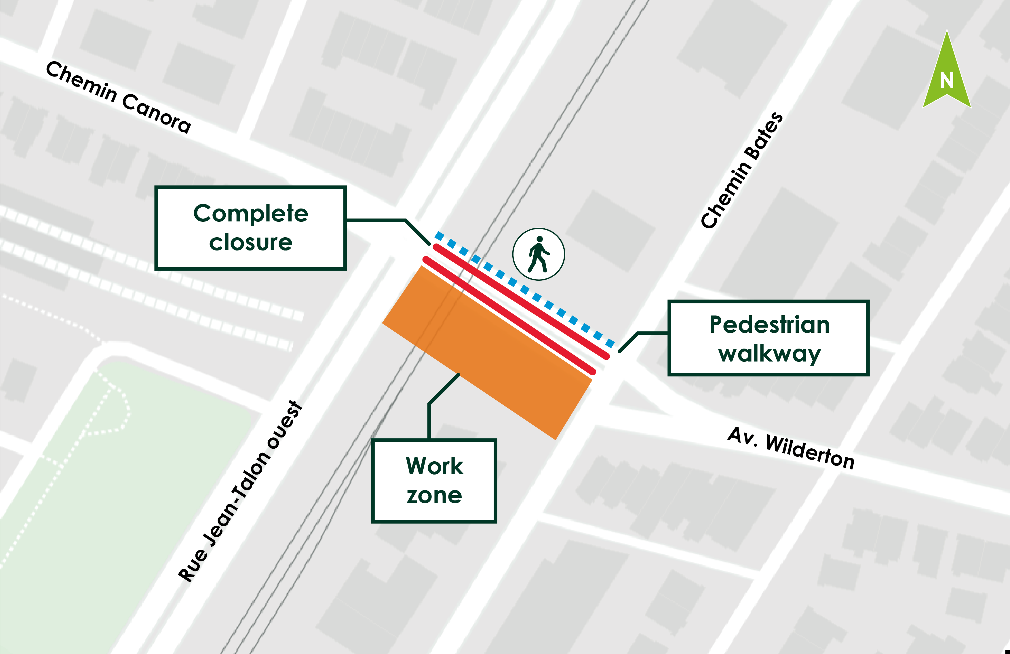 Map of the Wilderton Avenue obstruction between Chemin Bates and Jean-Talon Street West that will take place from January 7 to 9