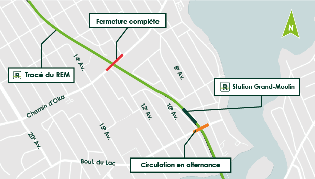 Carte de la fermeture complète sur le Chemin d'Oka et de la zone de circulation en alternance entre la 8e et la 10e avenue