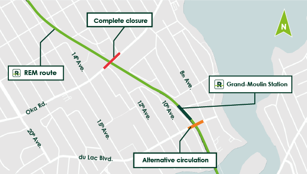 Map of the complete closure on Chemin d'Oka and the alternating traffic zone between 8th and 10th Avenue