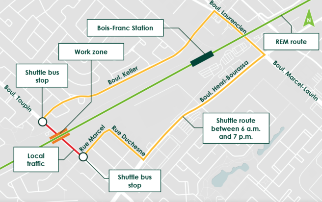 Location of shuttle bus stops at the corners of Toupin and Keller Boulevards and Toupin Boulevard and Marcel Street