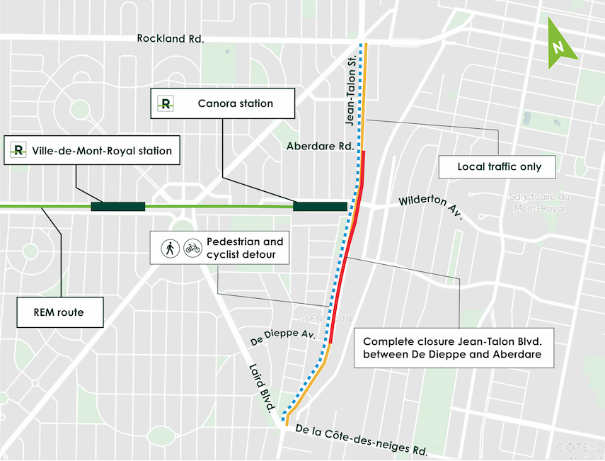 Map of the complete closure of Jean-Talon Street West from April 14 to April 18, 2022