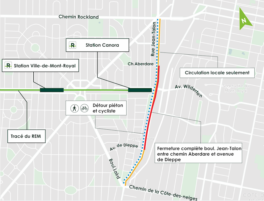 Carte de l'entrave de la rue Jean-Talon Ouest du 14 au 18 avril 2022