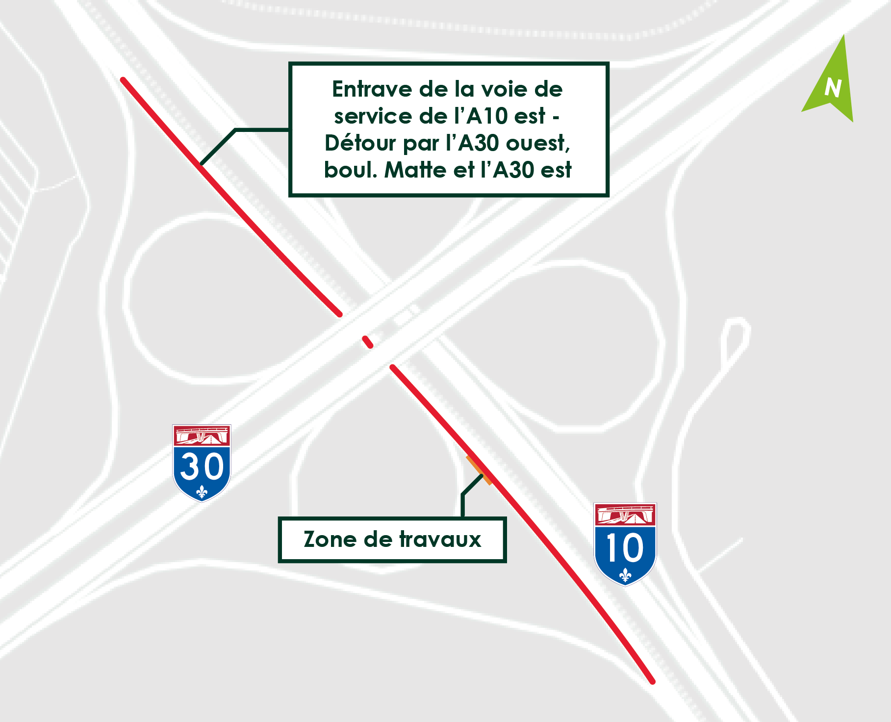 Carte de l'entrave de la voie de service de l'autoroute 10 est qui aura lieu à partir du 2 mai.