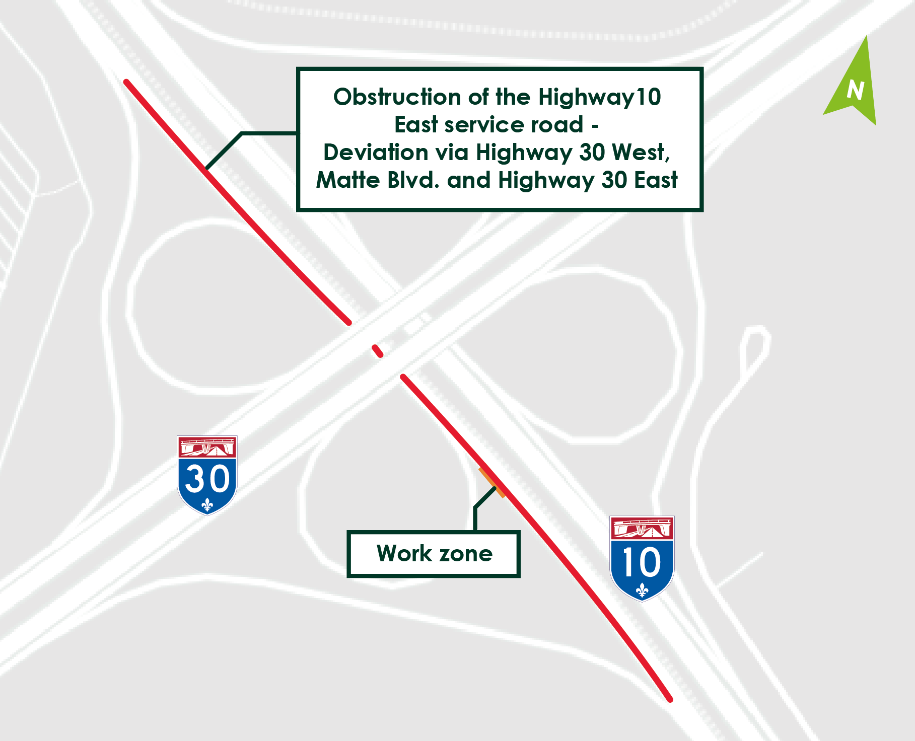 Map of the Highway 10 East service road obstruction that will take place starting May 2.