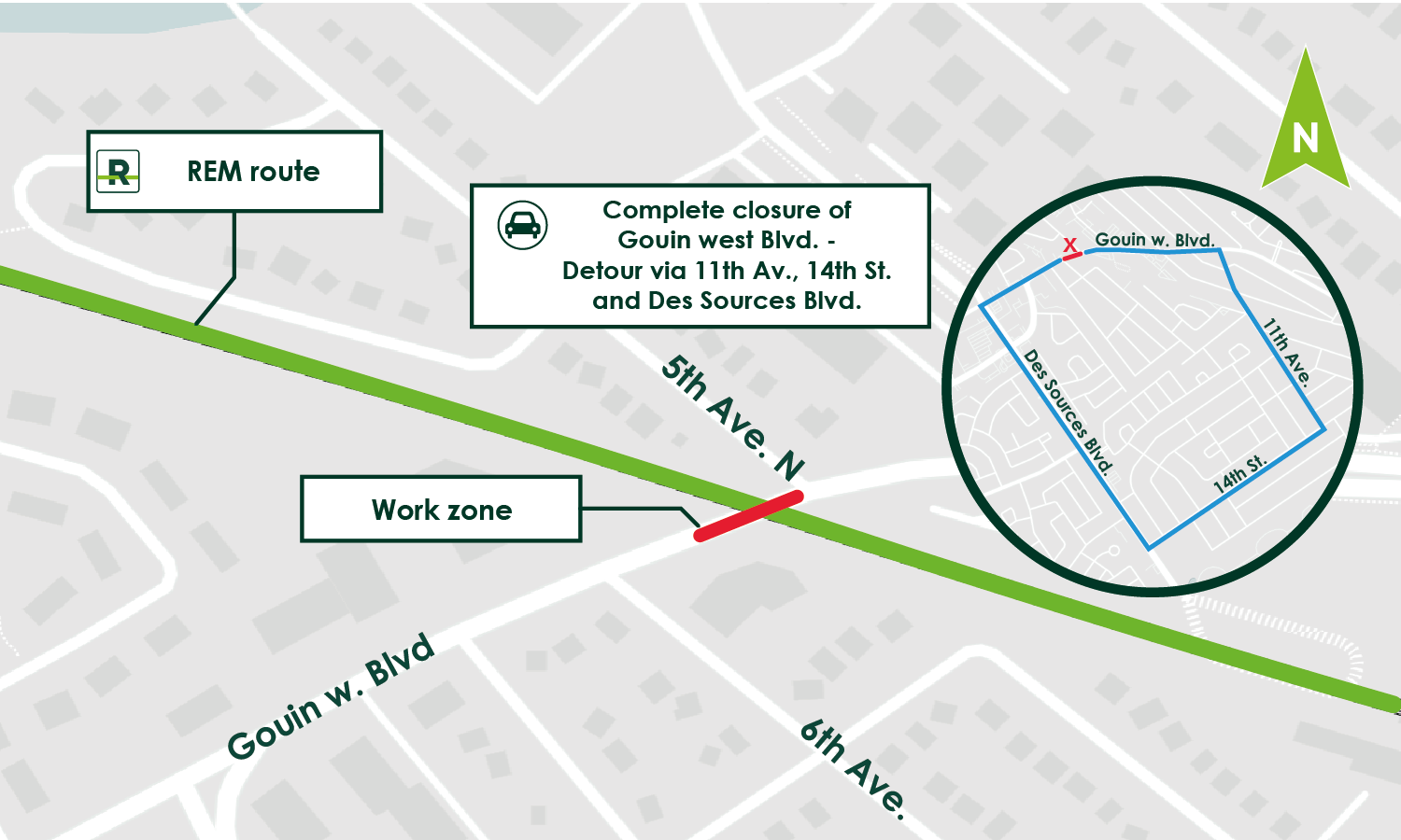 Closure of Gouin Boulevard West, detour via 11th Avenue