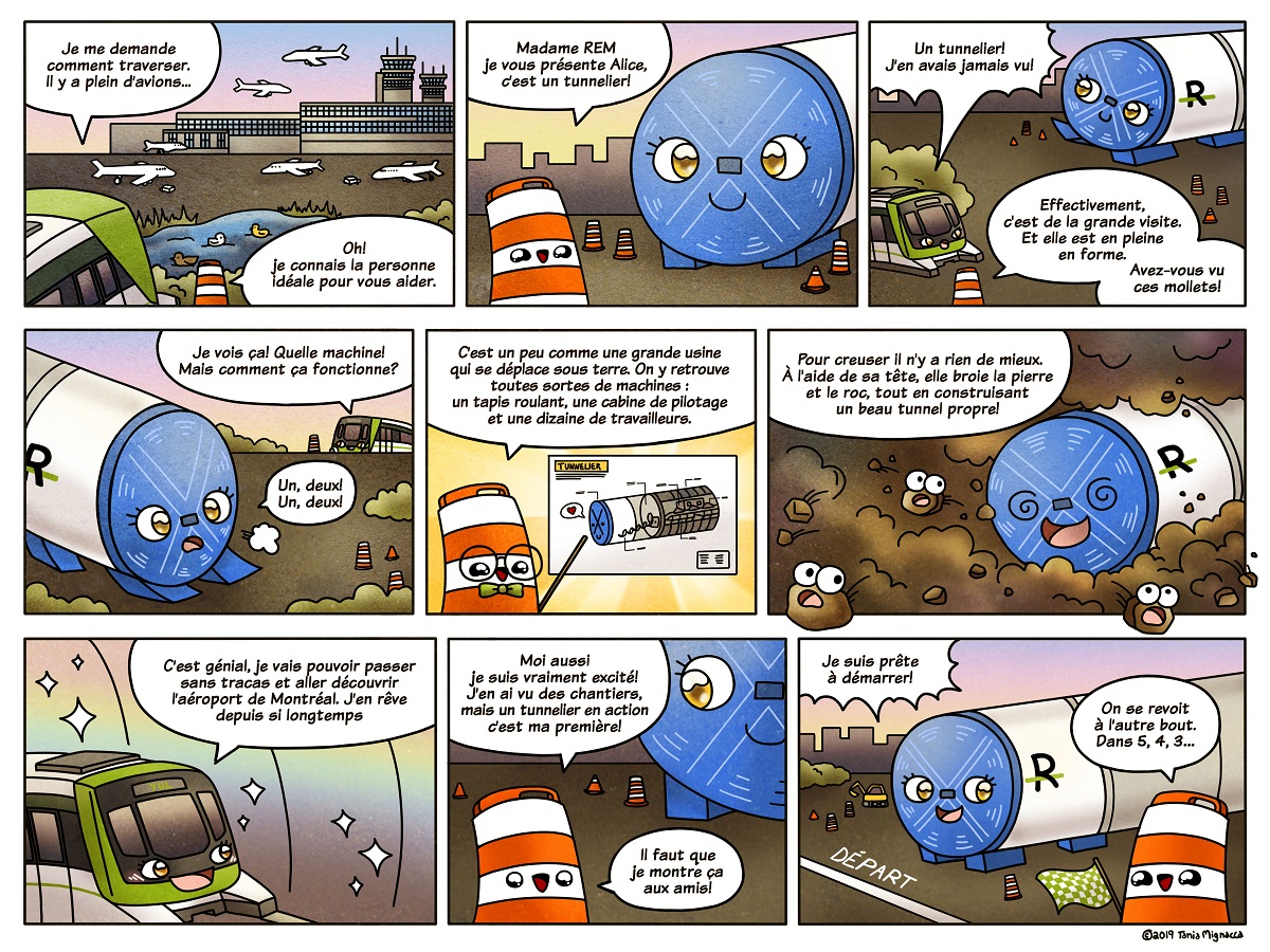 Comic strip of Ponto and Alice, the REM tunnel boring machine.