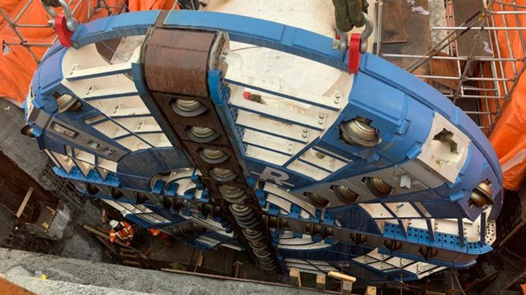 The cutting wheel of the tunnel boring machine, during installation.