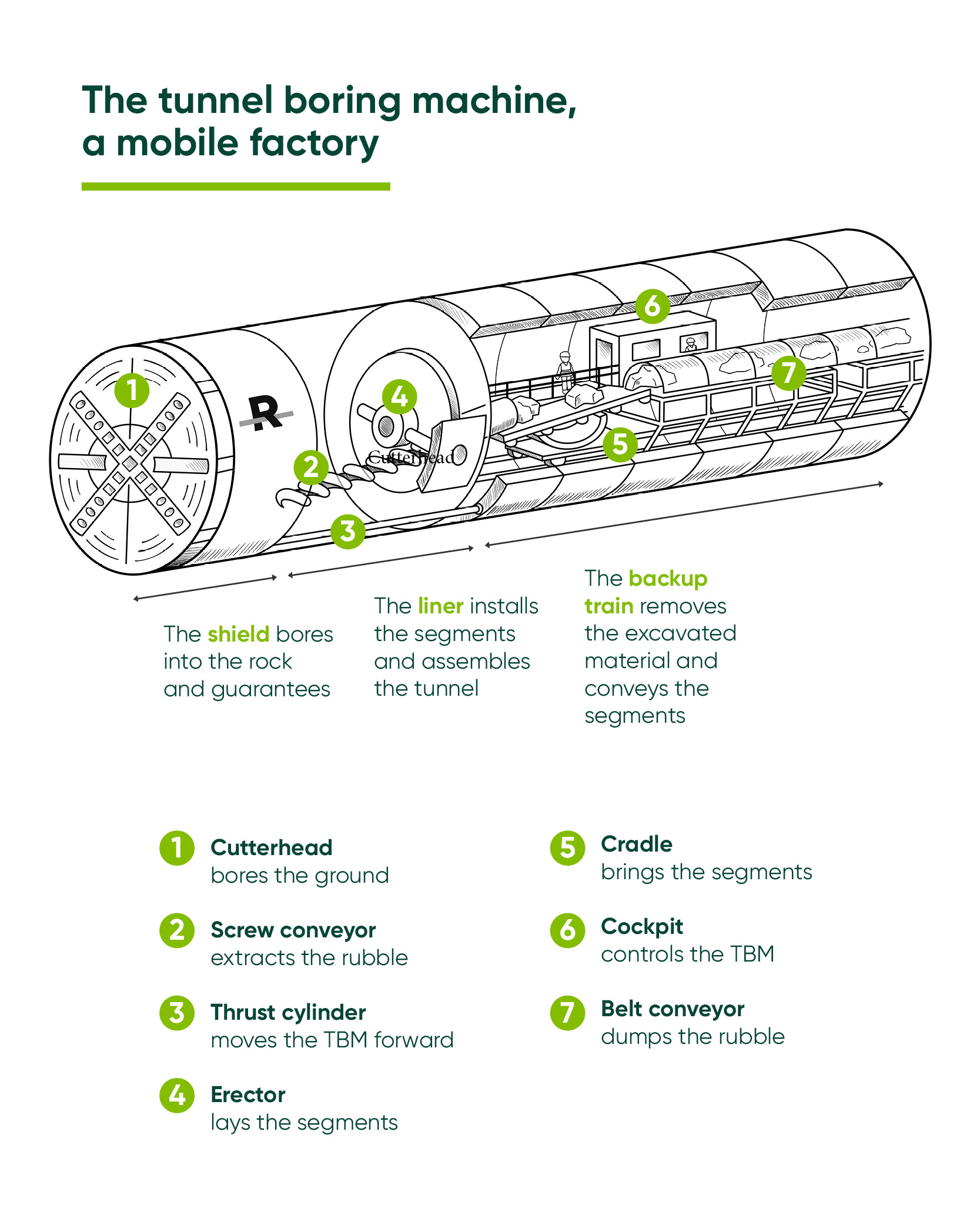 Graphics of the different parts of the tunnel boring machine: cutting wheel, extraction screw, thrust cylinder, erector, cradle, control cabin and conveyor belt.