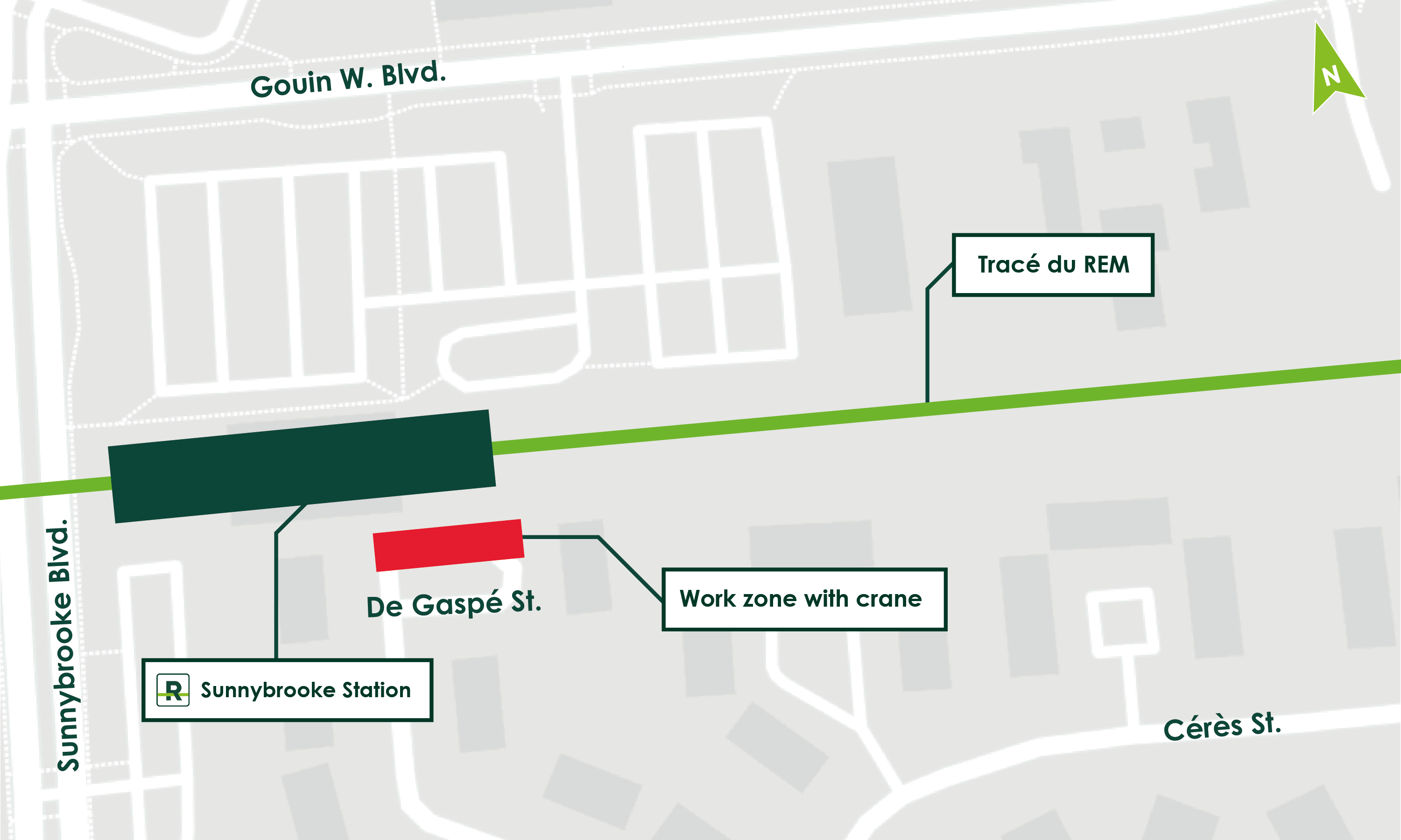 Indication of the construction zone, in red, in the round-about of De Gaspé Street