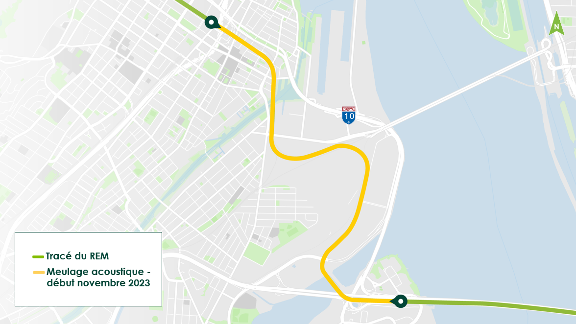 Carte indiquant que le meulage de la voie a lieu entre les stations Gare Centrale et Île-des-Soeurs