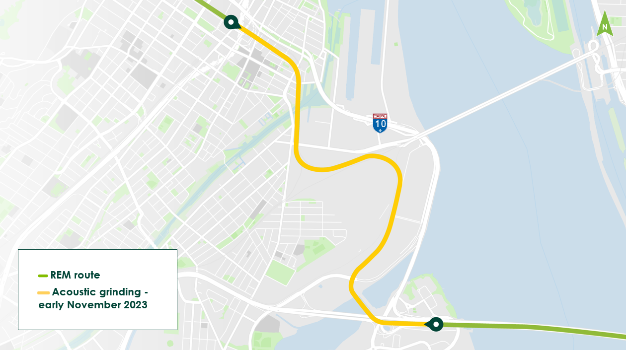 Map showing track grinding between Gare Centrale and Île-des-Soeurs stations