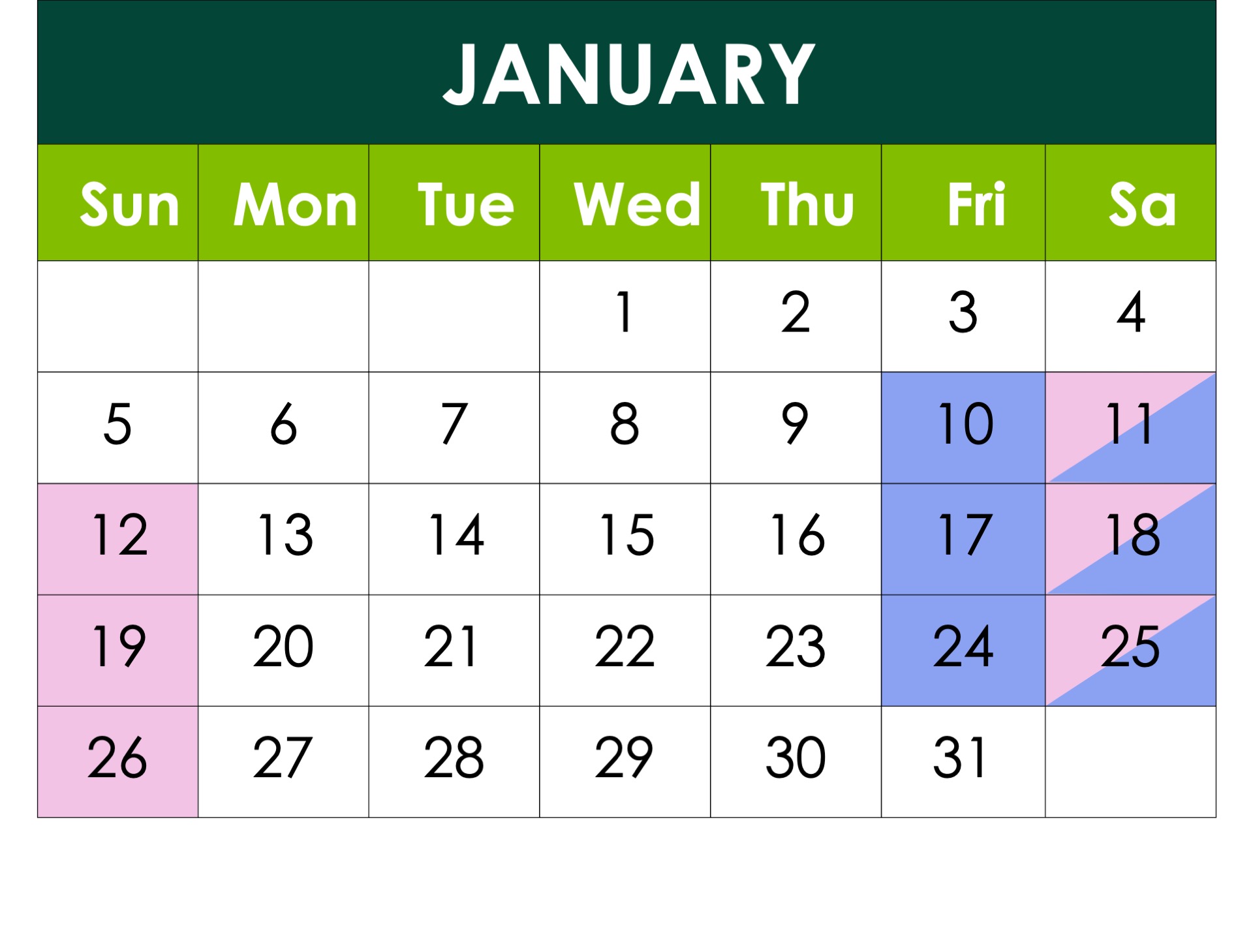 Calendar of planned interruptions for January 2025