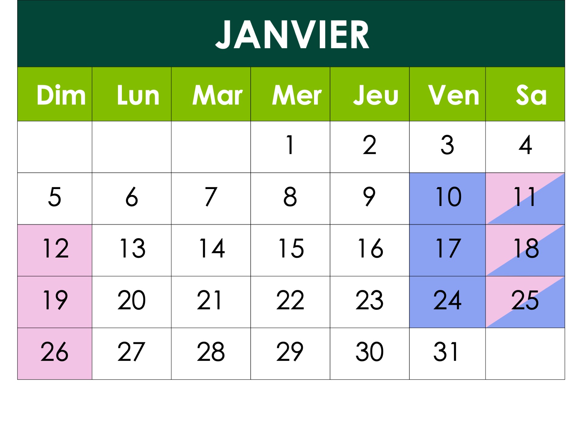 Calendrier des interruptions de janvier 2025