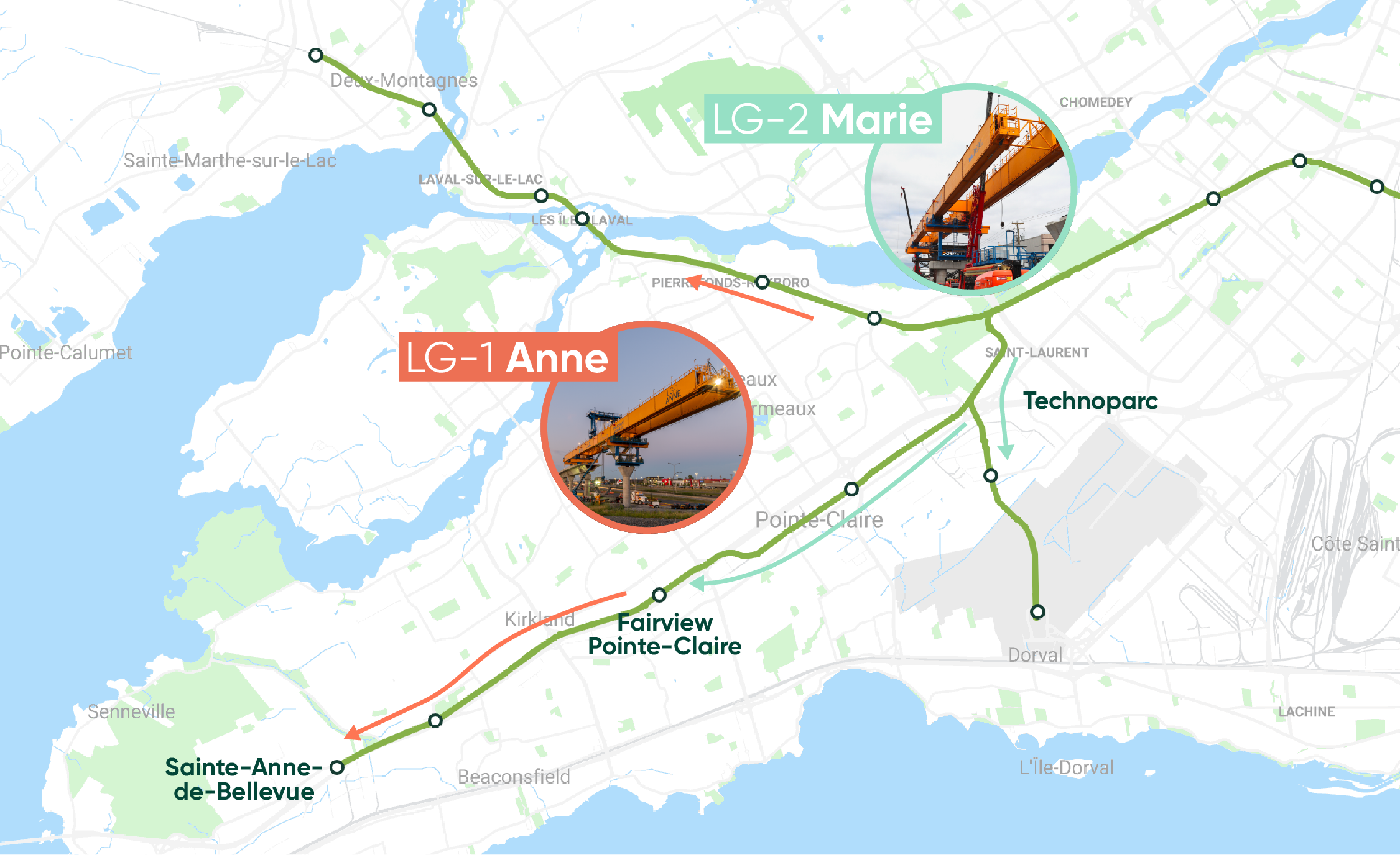 Map of the paths of the Anne and Marie launching beams