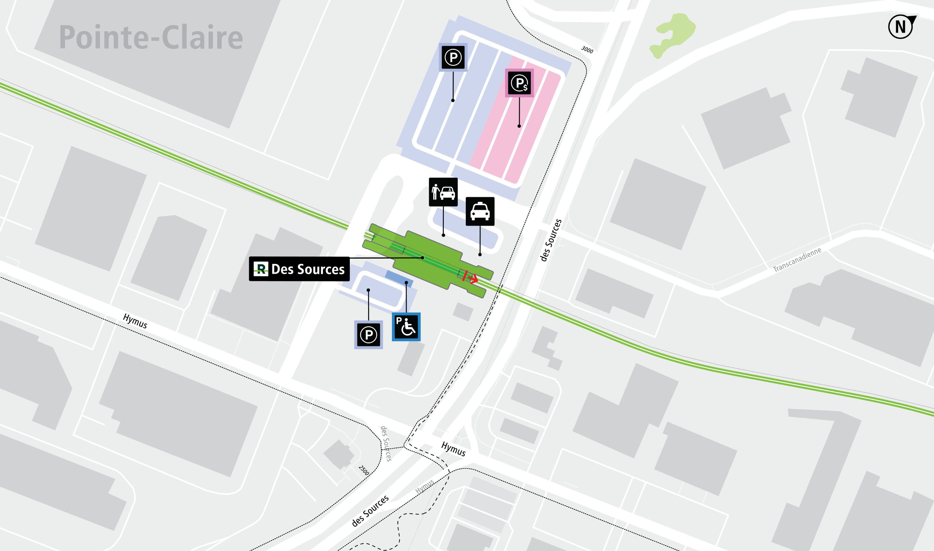 Des Sources station access map by car