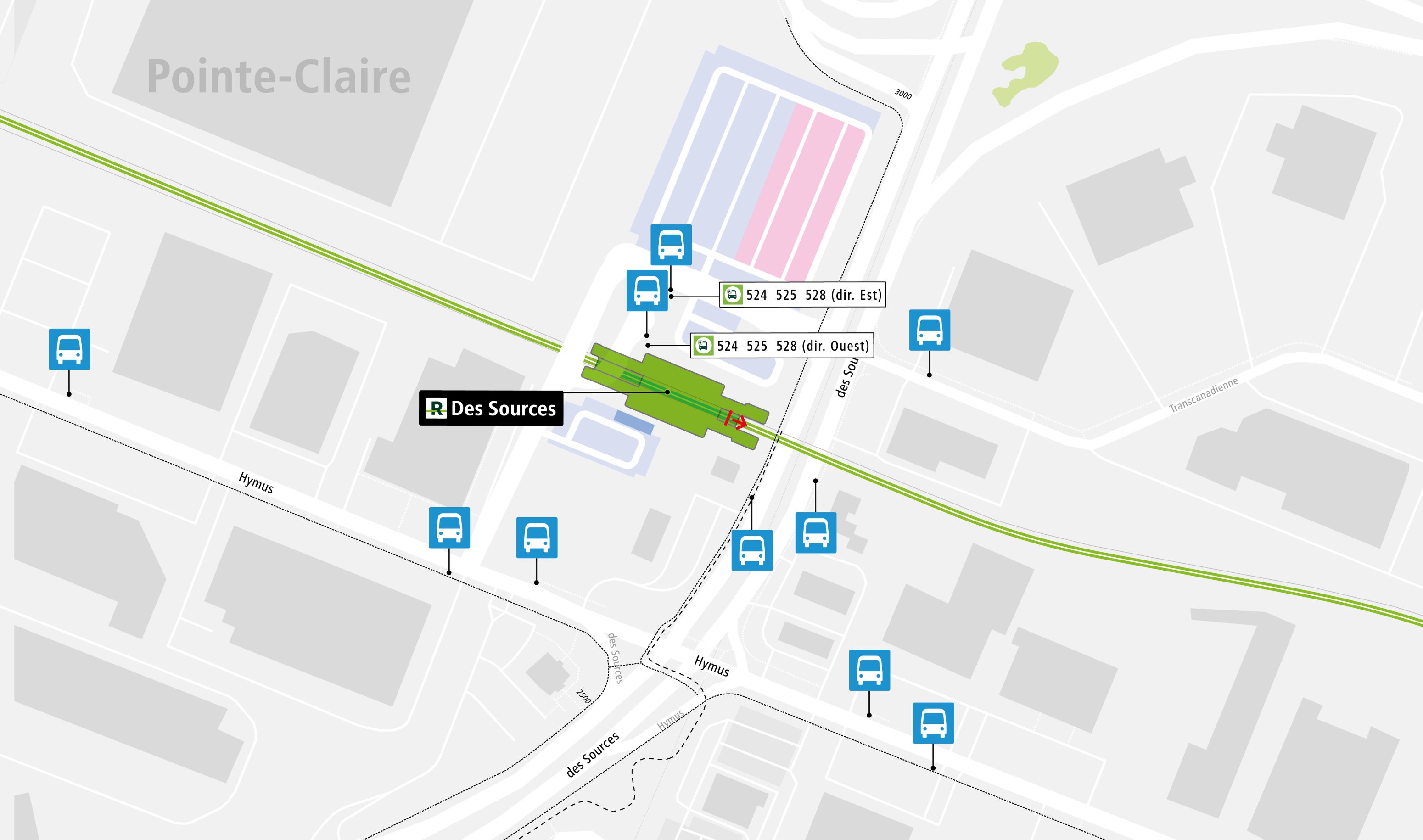 Des Sources station access map by public transit