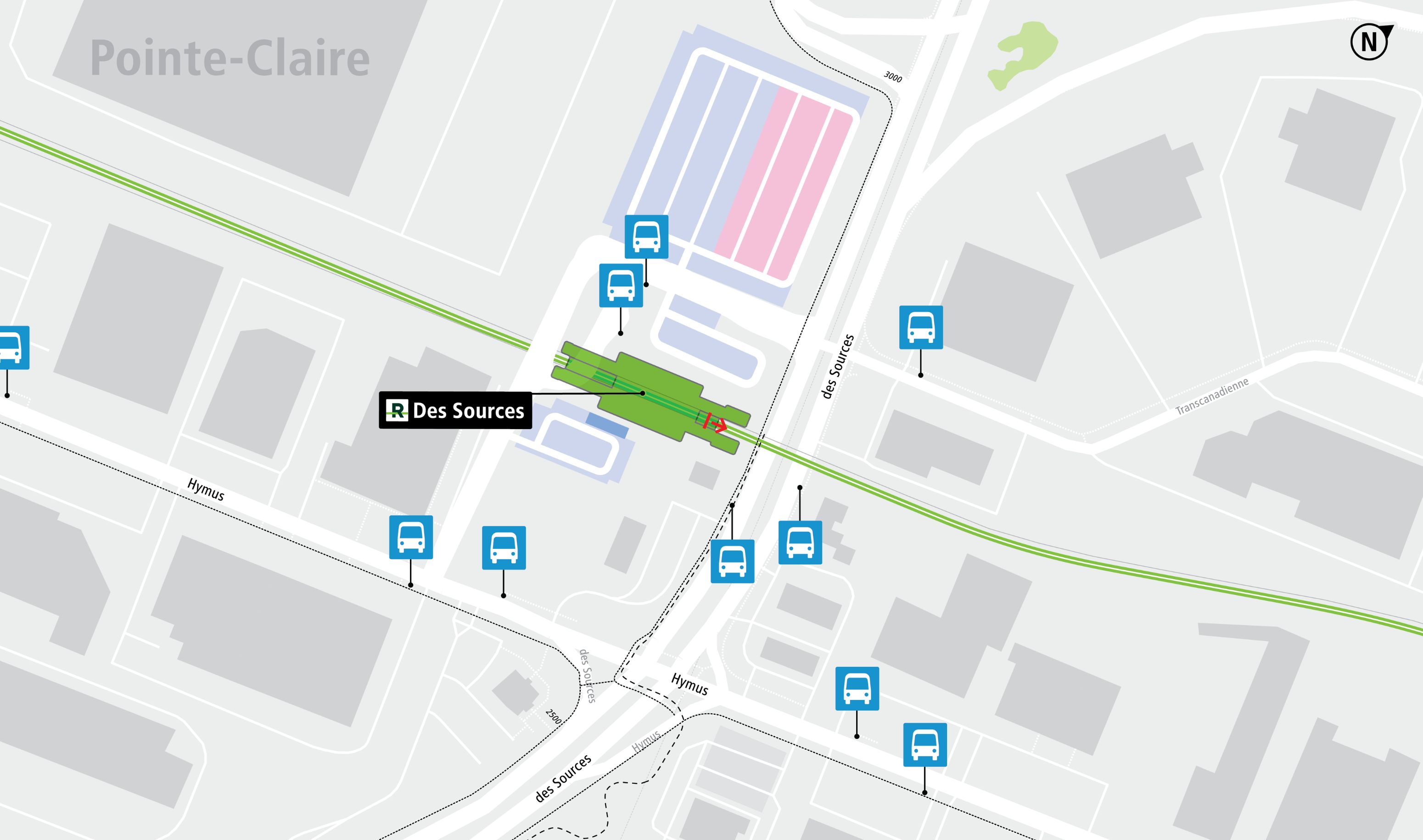 Des Sources station access map by public transit