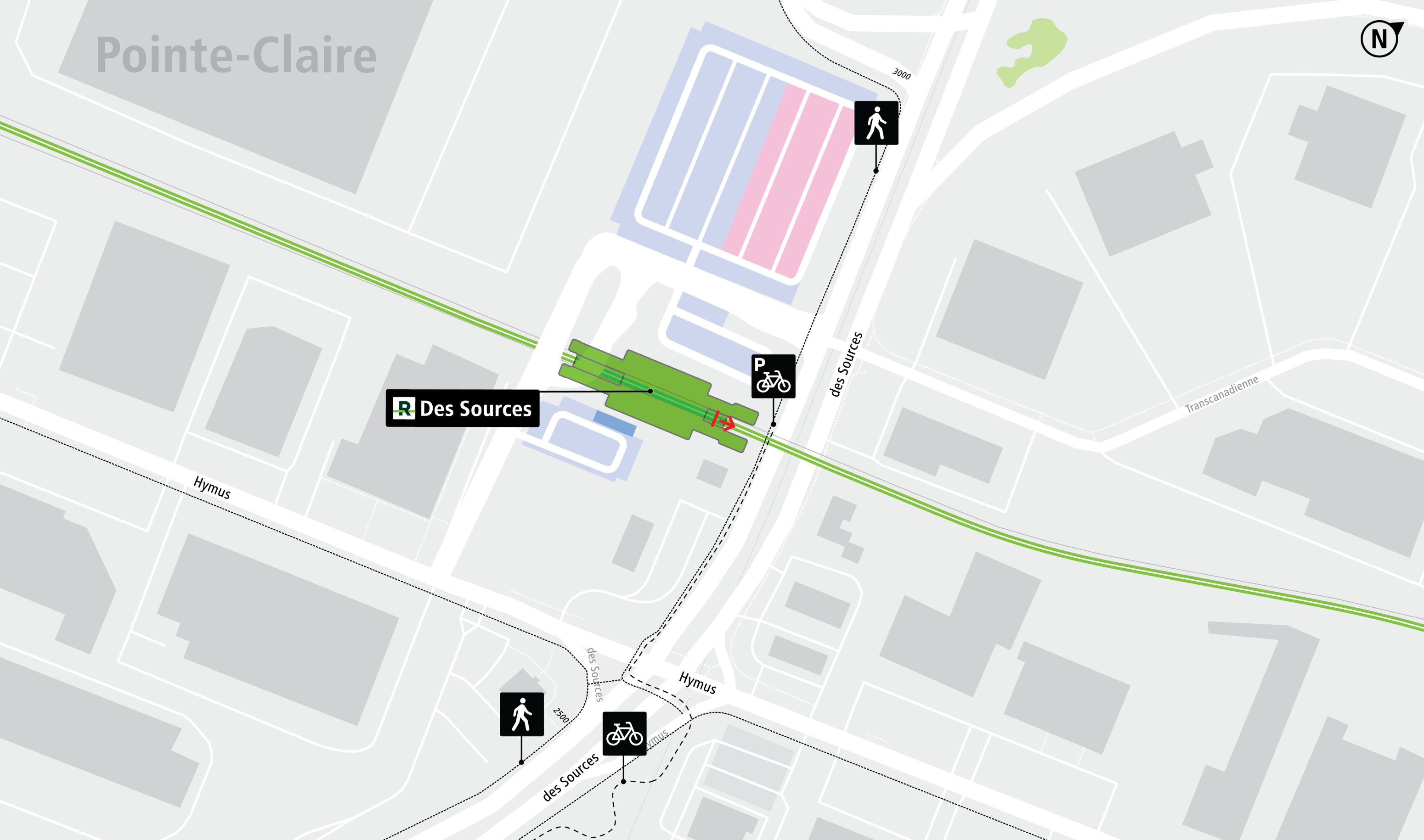 Des Sources station access map by bike and on foot