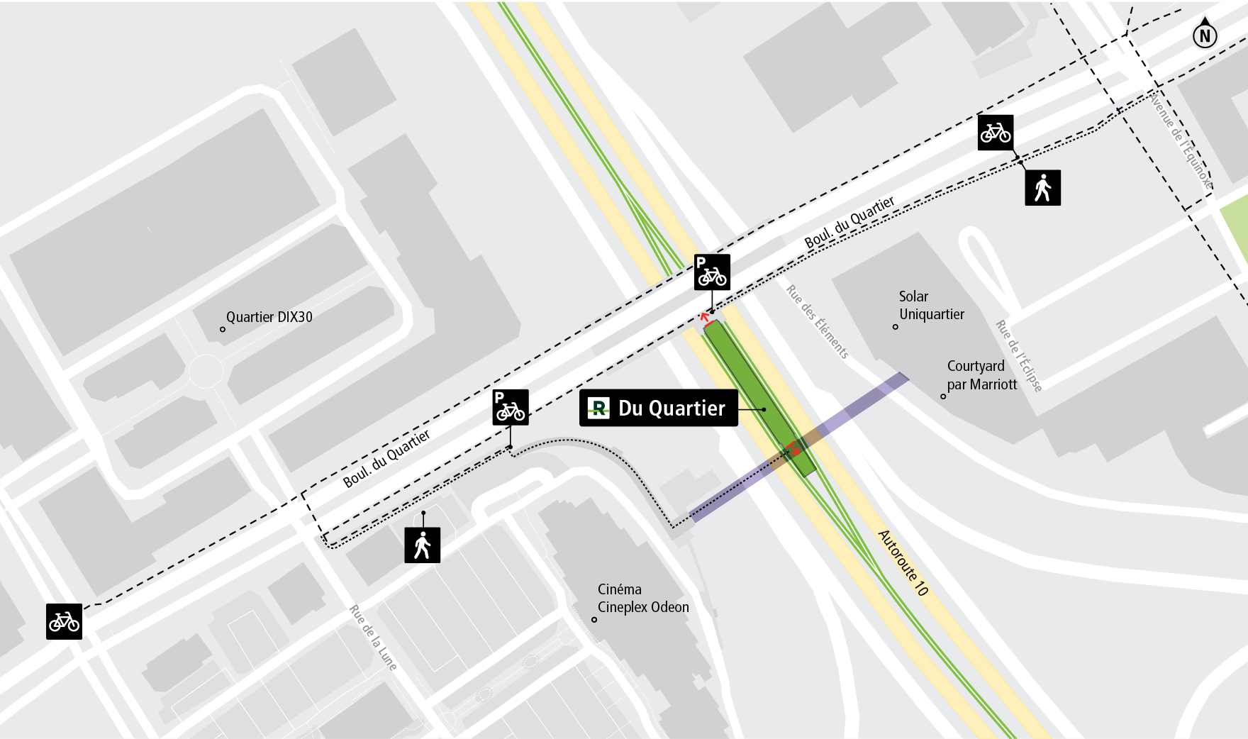 Du Quartier station access map by bicycle and on foot