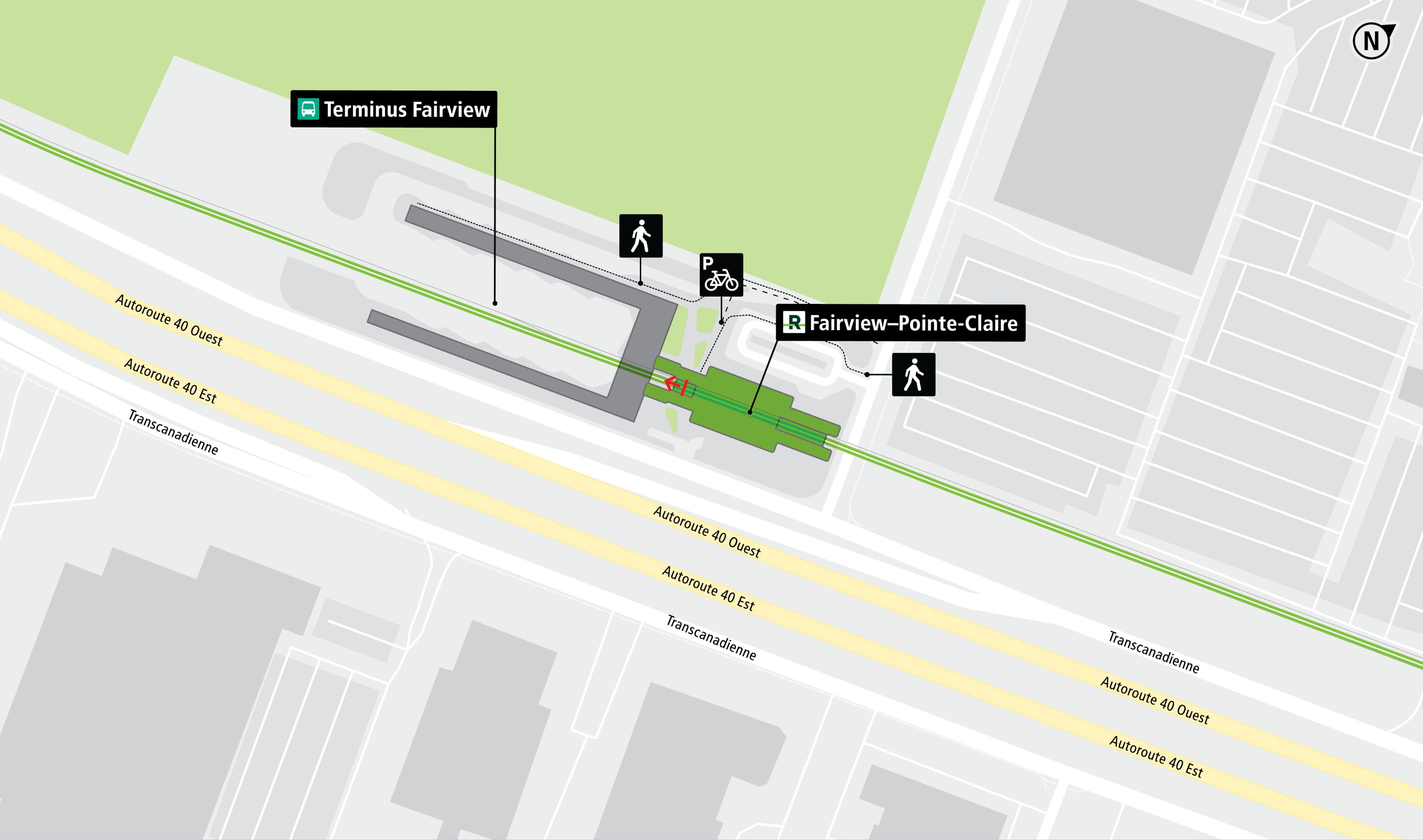 Carte des accès à pied et à vélo pour la station Fairview-Pointe-Claire