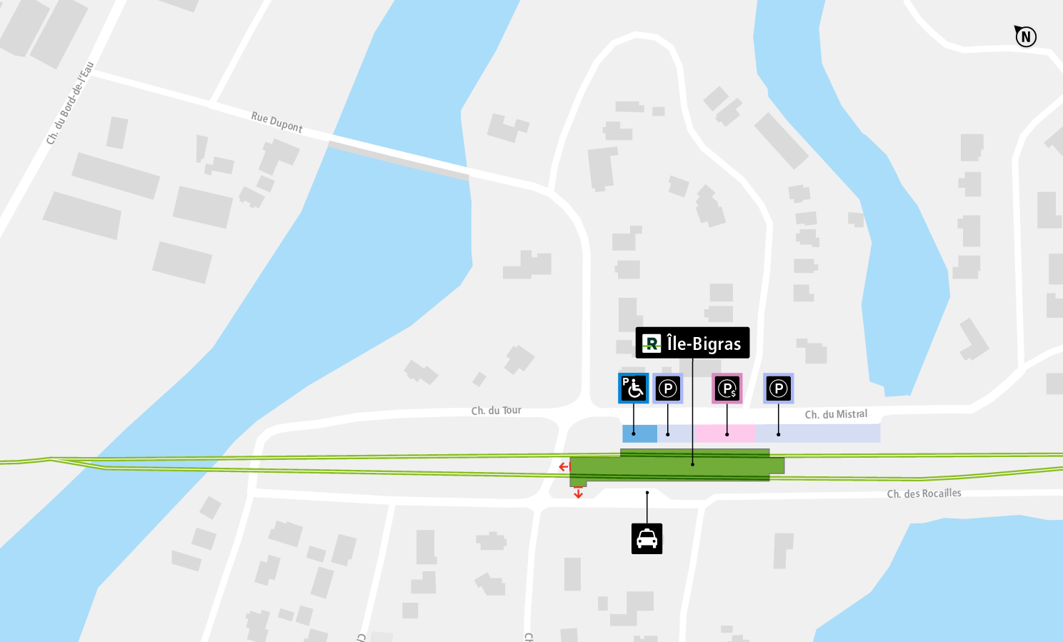 Île-Bigras station access map by car