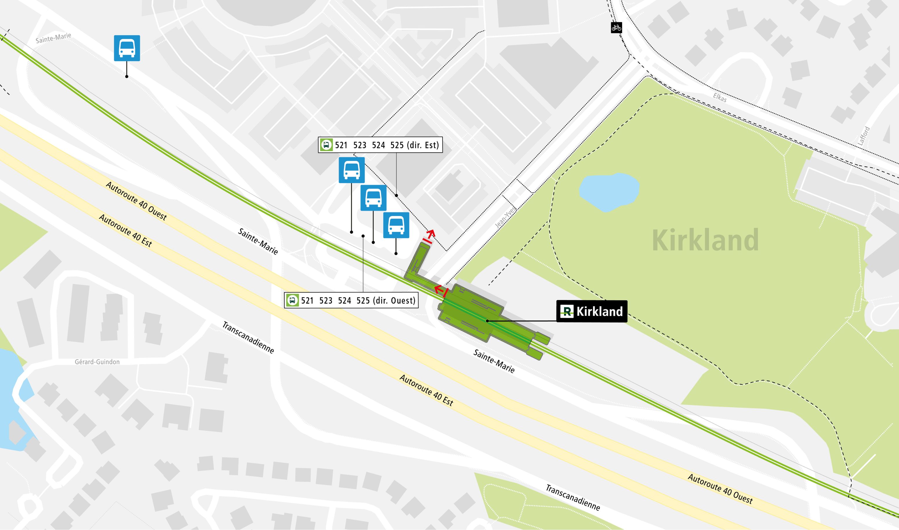 Kirkland station access map by public transit