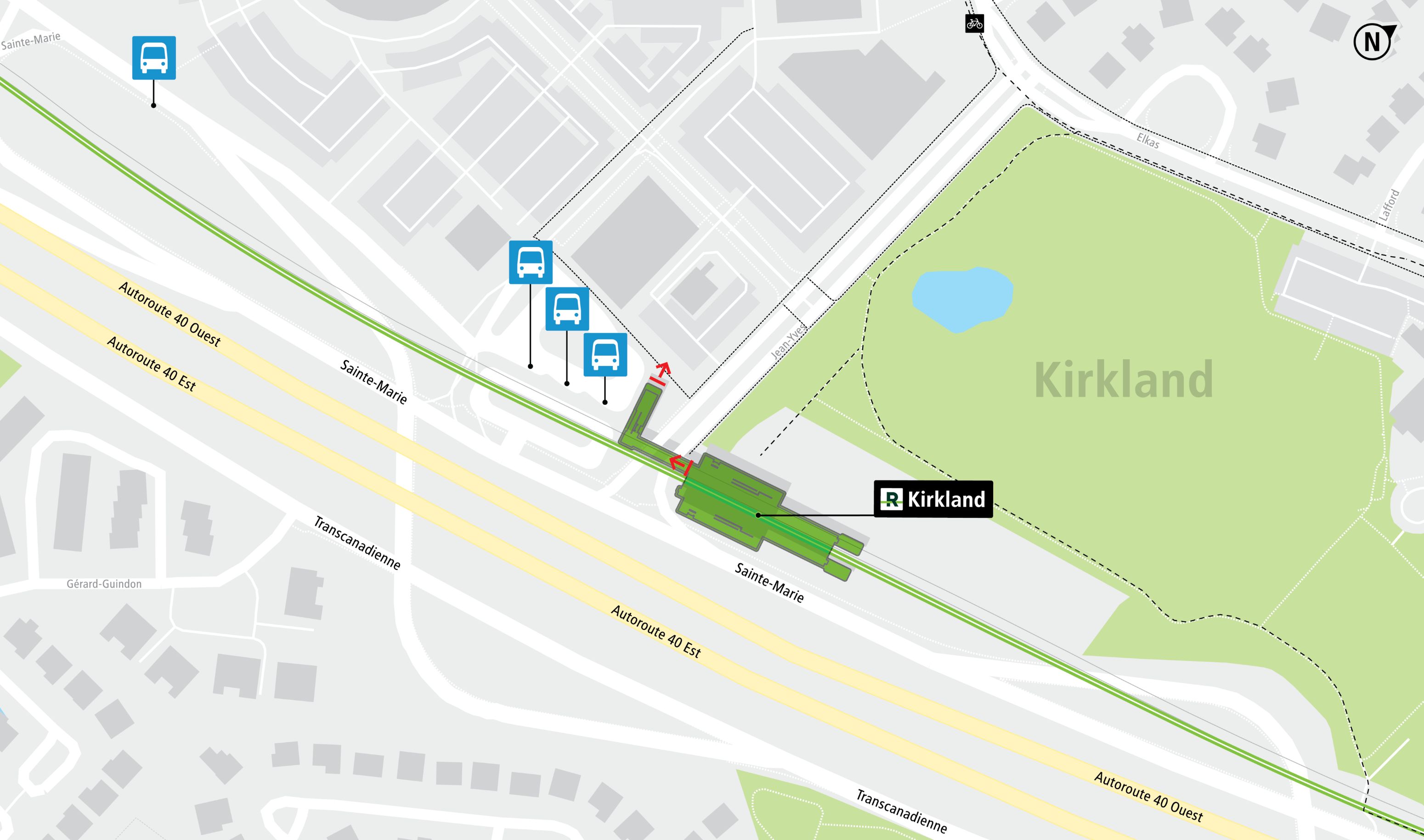 Kirkland station access map by public transit