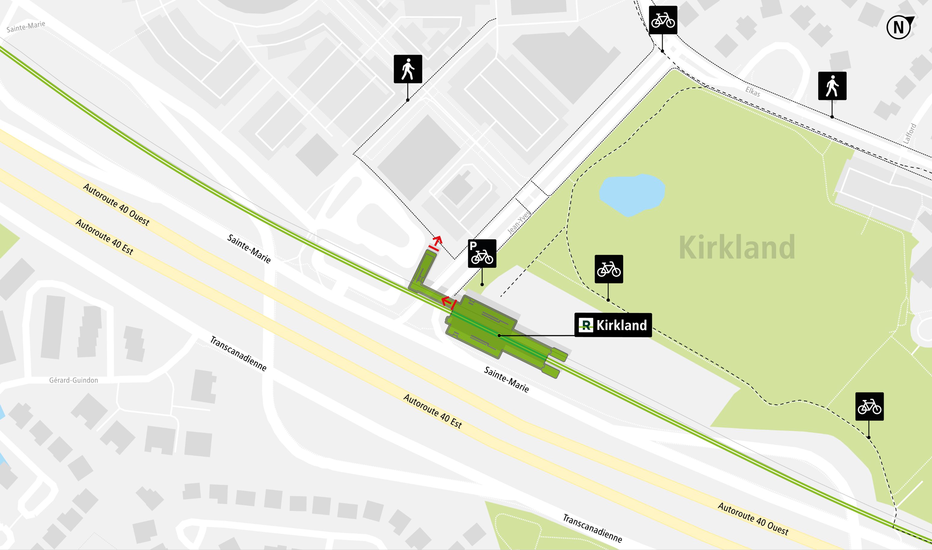 Kirkland station access map by bicycle and on foot