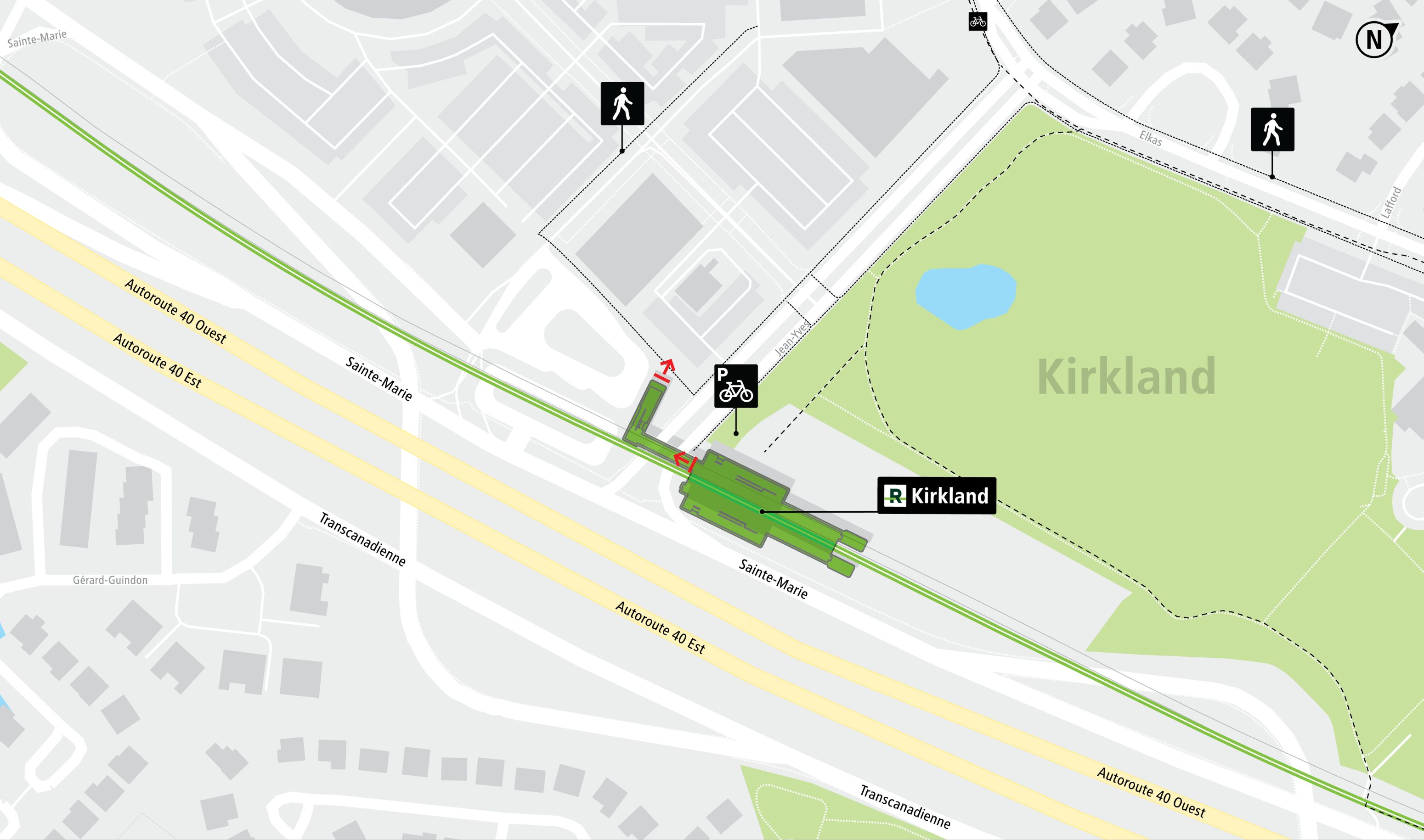 Kirkland station access map by bicycle and on foot