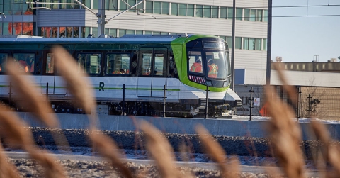 REM car in motion on the South Shore of Montreal during dynamic tests
