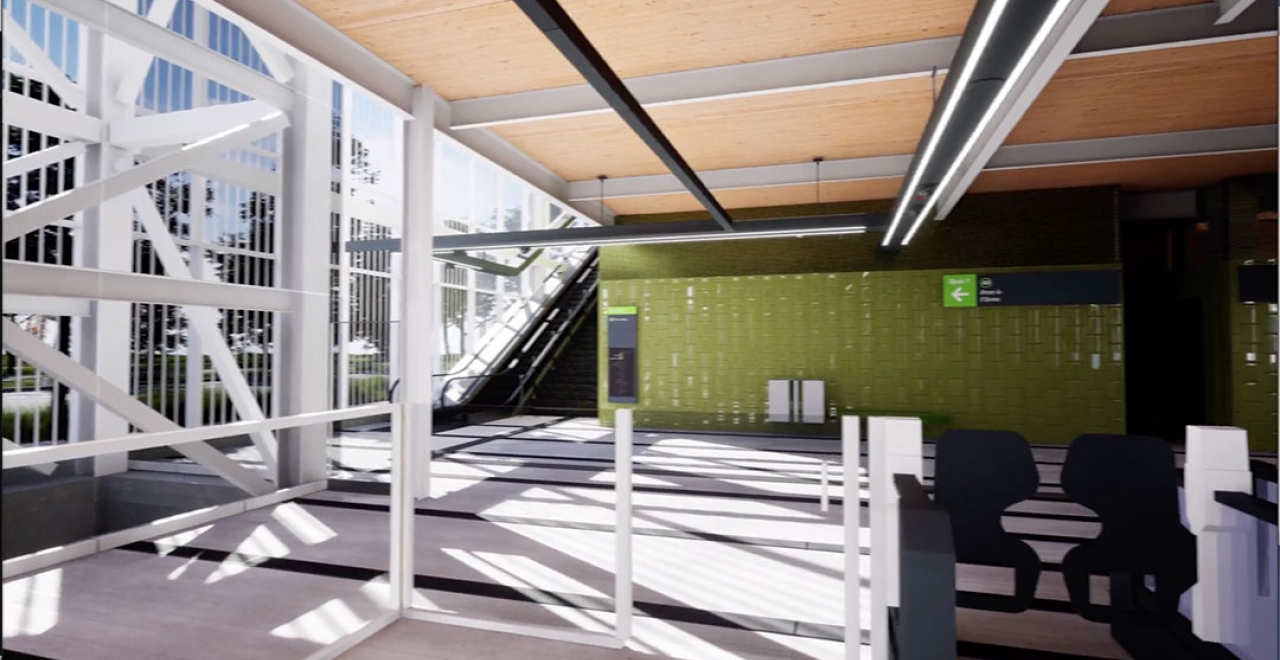 On the West Island, the stations’ accent walls will be clad in green ceramic. The vertical motifs are based on the forest theme, repeating the verticality of the trunks and bark. This colour on the accent walls and platform floors will create visual continuity that will naturally lead passengers from the entrance to the vertical traffic areas.