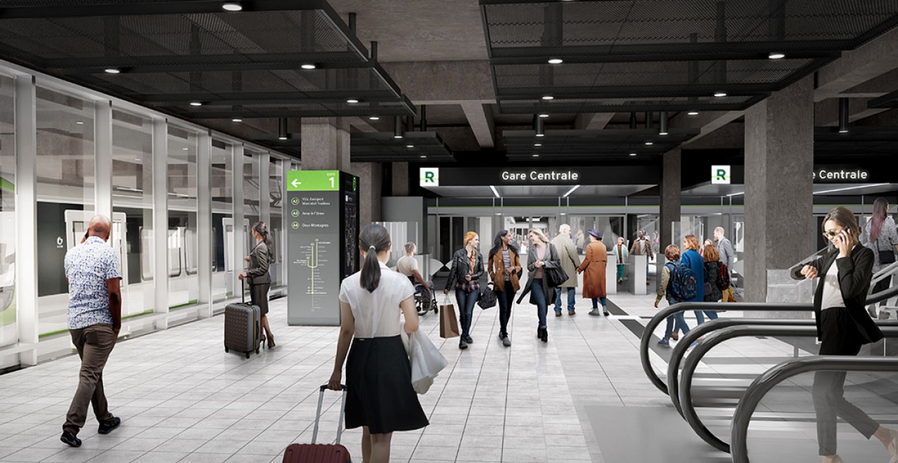 La station Gare Centrale fait l’objet d’un traitement architectural unique pour s’intégrer au bâtiment patrimonial de la Gare Centrale. / Image à titre indicatif seulement.