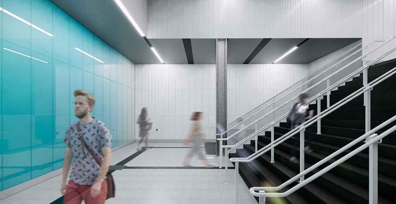La station McGill fait partie du tronçon «emblématique», caractérisé par la couleur blanche. On retrouve ainsi cette couleur dans la céramique à l'intérieur et dans le mobilier urbain. / Image à titre indicatif seulement.