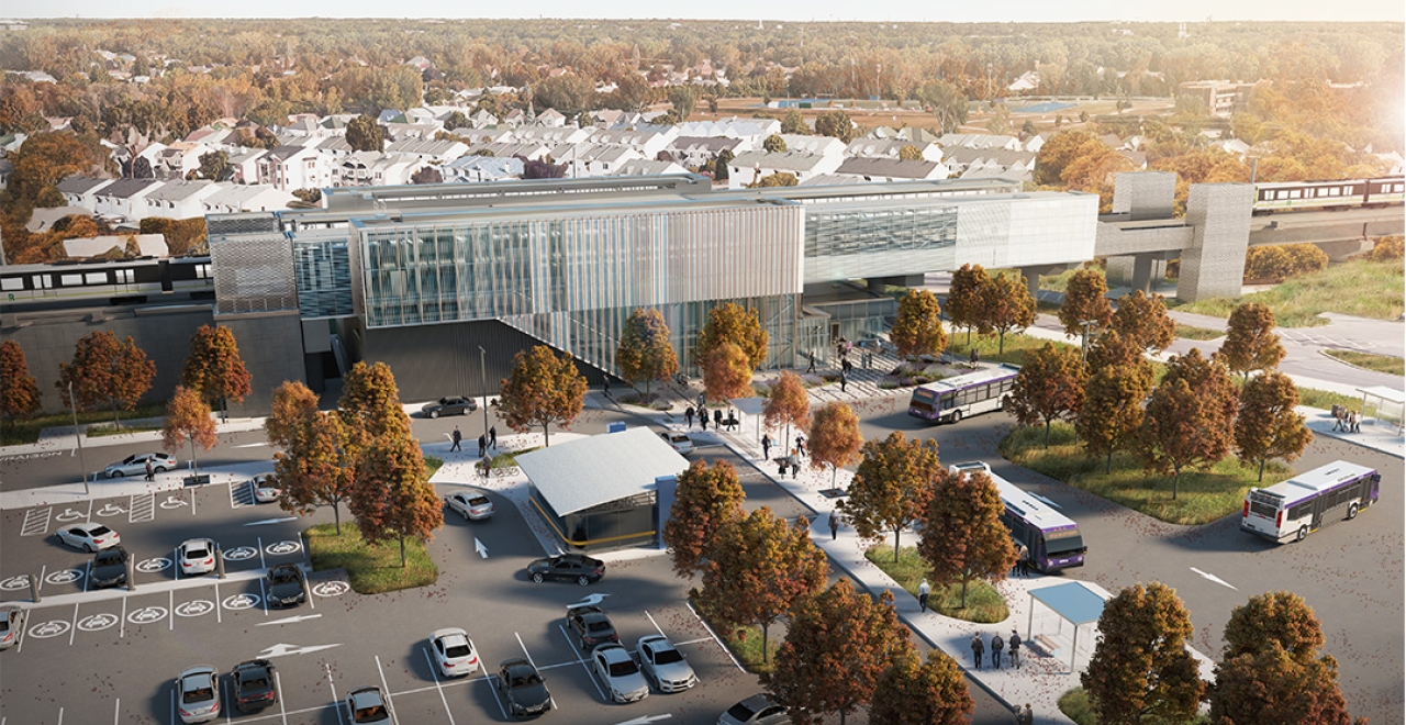 Deux-Montagnes station is the REM’s terminal station on the North Shore. This station underwent unique landscaping treatment to enhance the surrounding natural environments, including the Roger-Lemoine woodland. Image for indicative purposes only.