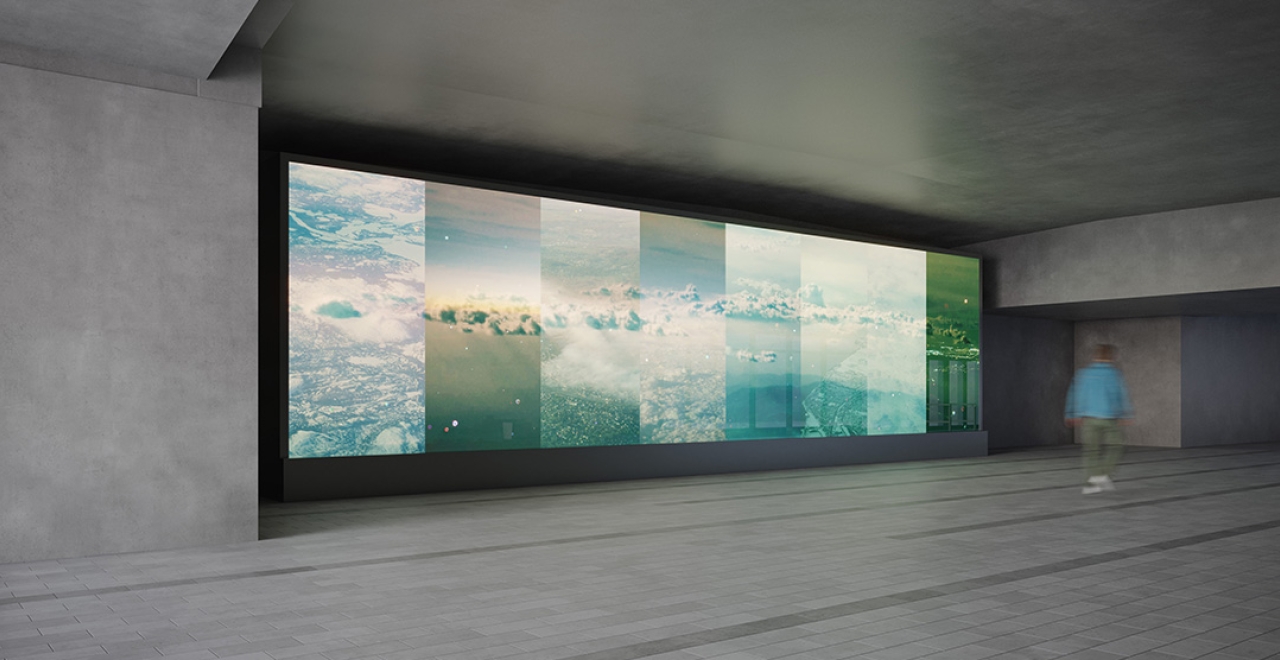 Un voyage sans fin au-delà du présent, 2024. Photographies sur panneaux de verre, caisson lumineux, structure métallique.